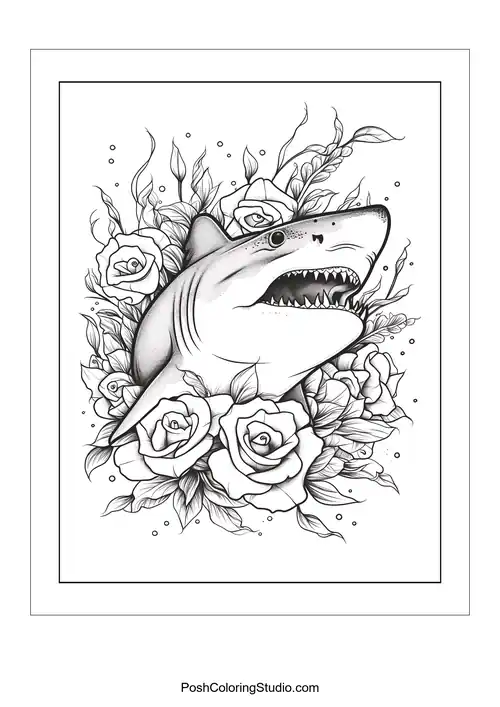 A shark's head with an open mouth and roses around it.