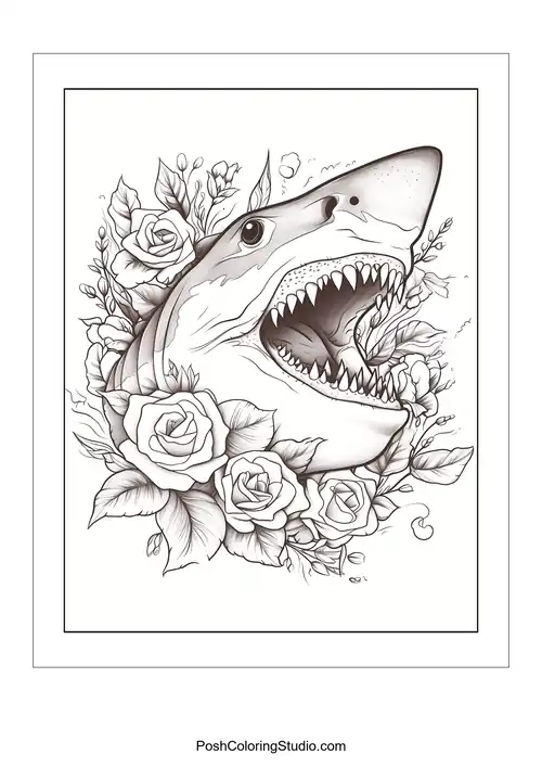 A shark's head with an open mouth and roses around it.