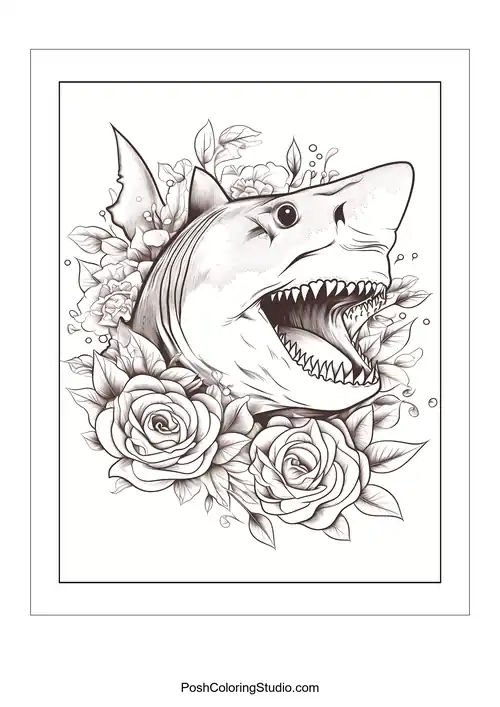 A shark's head surrounded by roses and decorative elements.