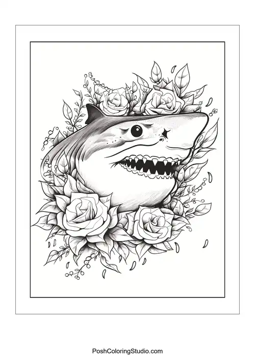 A shark's head with an open mouth and roses around it.