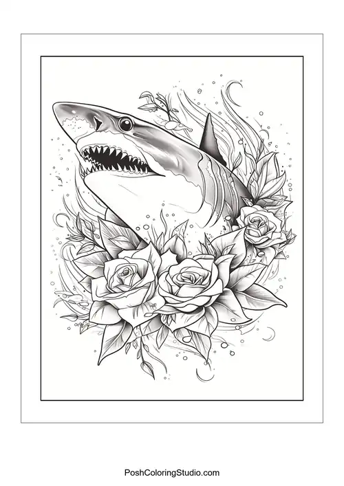 A shark's head with an open mouth and roses around it.