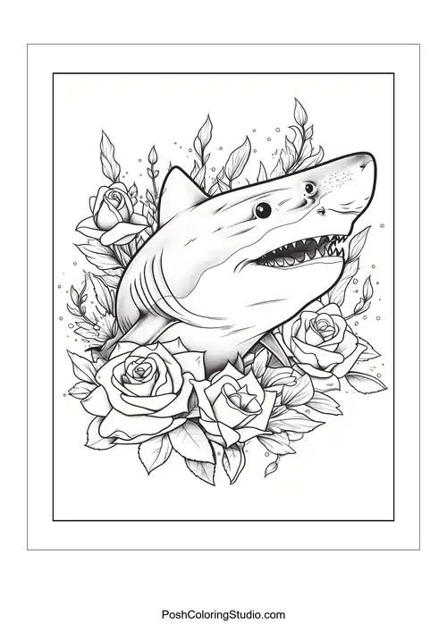 A shark's head with an open mouth and roses around it.