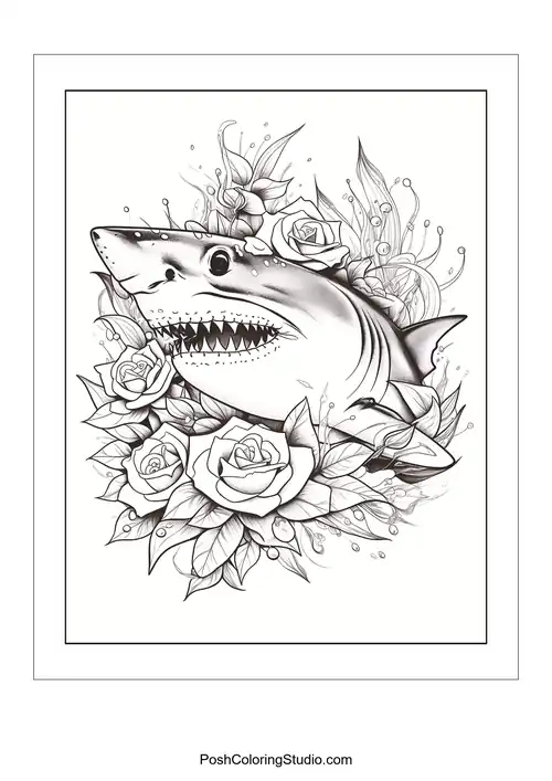 A shark's head surrounded by roses and decorative elements.