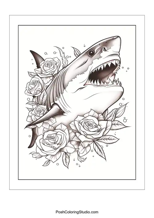 A shark's head with an open mouth and roses around it.