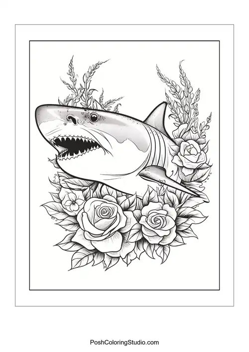 A shark's head surrounded by roses and decorative swirls.