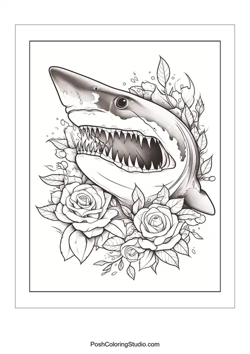 A shark's head surrounded by roses and decorative elements.