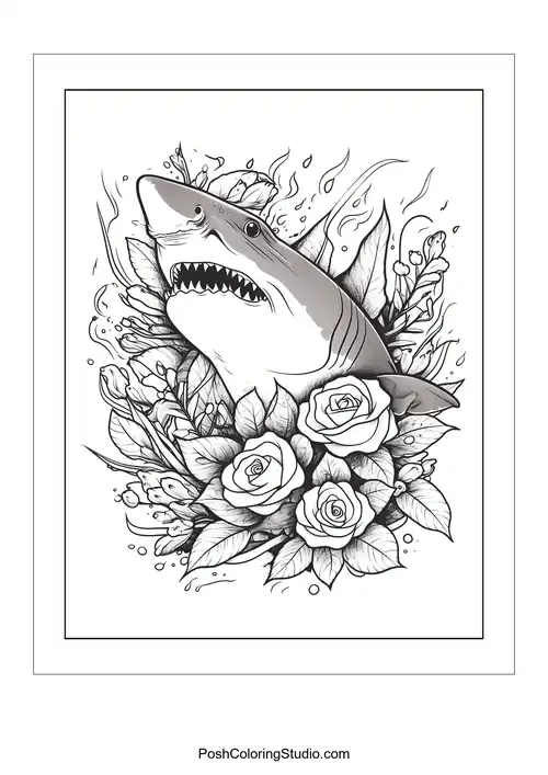 A shark's head surrounded by roses and decorative swirls.