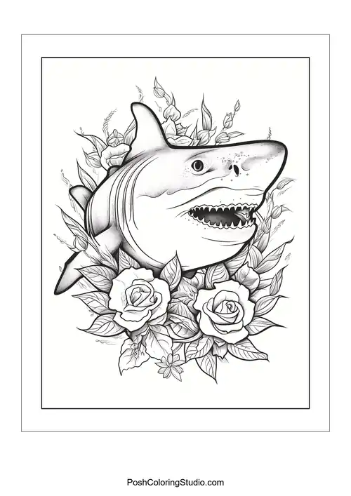 A shark's head surrounded by roses and decorative swirls.