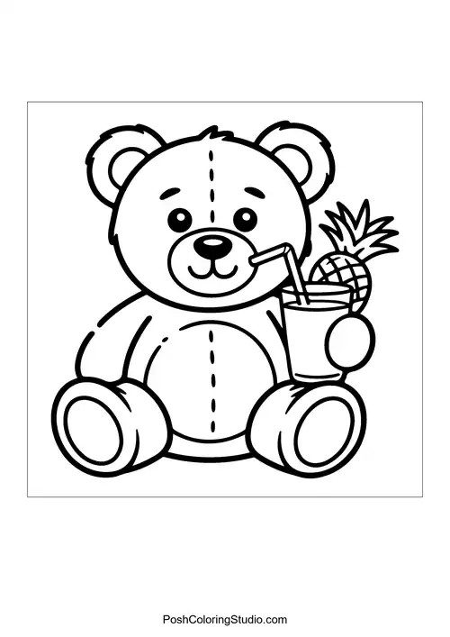 A teddy bear holding a drink with a pineapple slice.