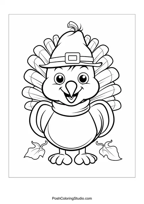 A turkey with a hat and a joyful face.