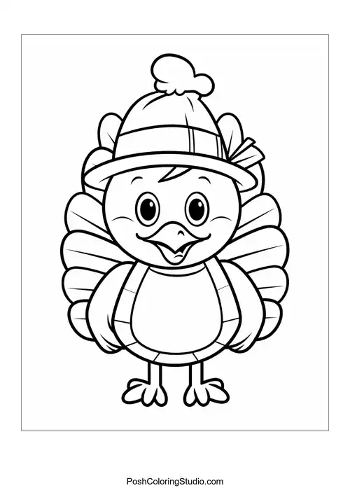 A turkey with a cheerful expression and hat.