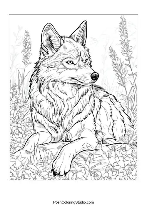 A wolf resting on a rock, looking serene.