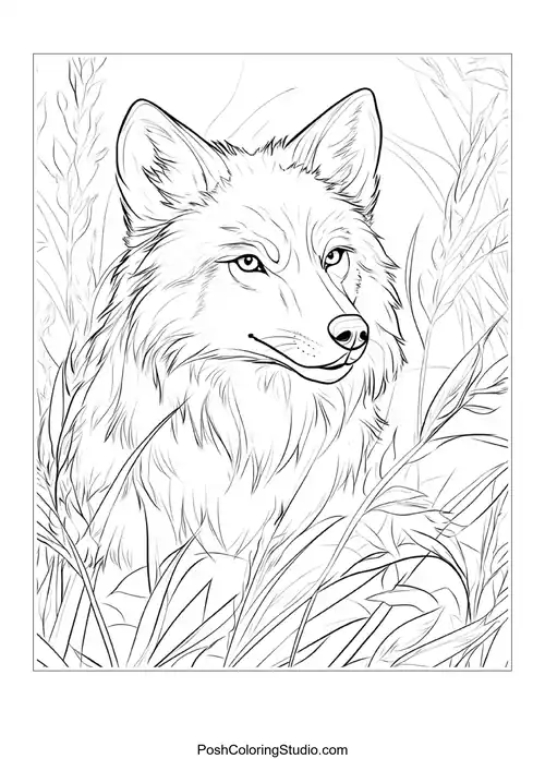 A wolf with a proud stance, surrounded by flowers.
