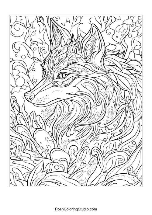 A wolf standing in a forest, looking alert.