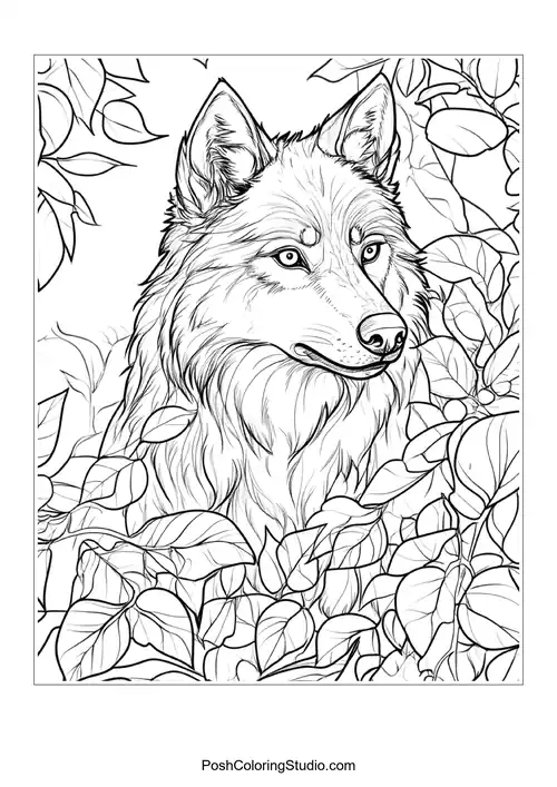 A wolf's head with intricate floral patterns around it.