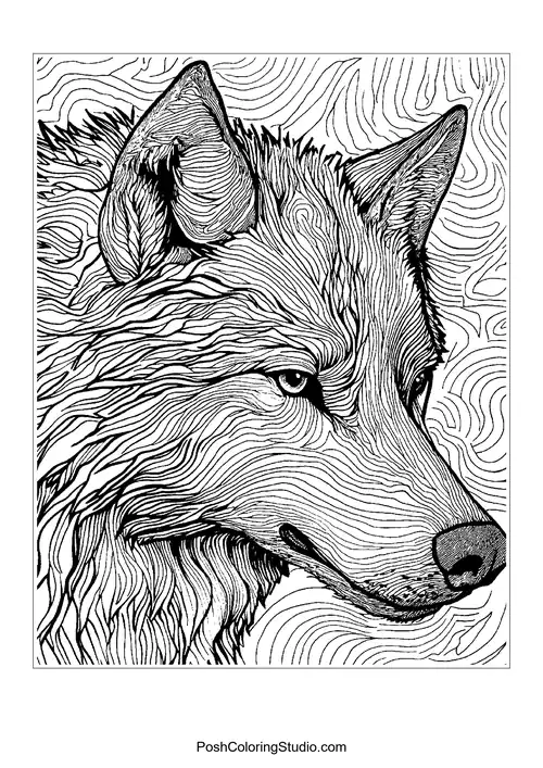 A wolf with a calm expression, surrounded by leaves.