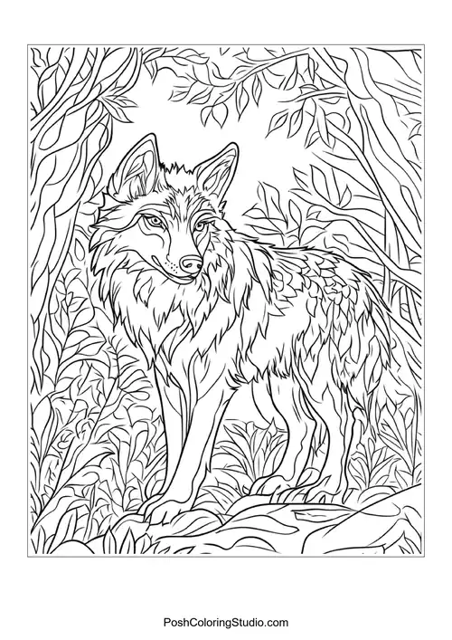 A wolf walking through a forest, surrounded by plants.