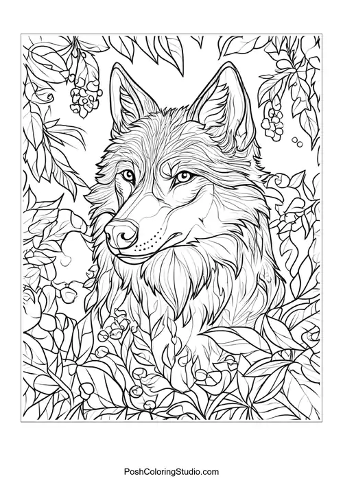 A wolf resting in a field of flowers.