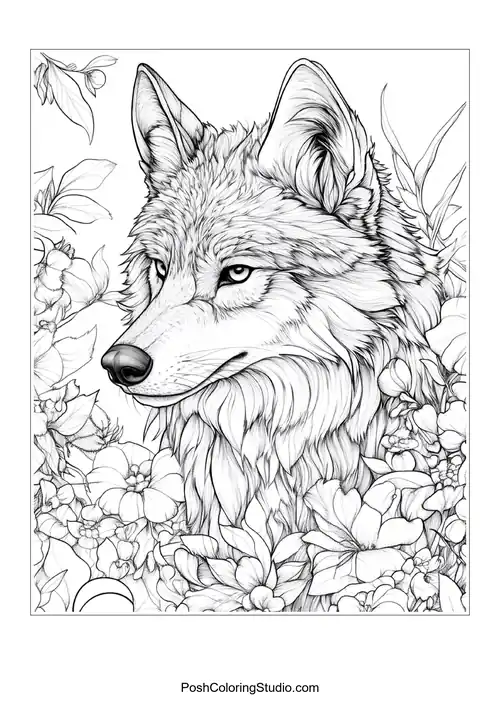 A wolf's head with intricate floral patterns around it.