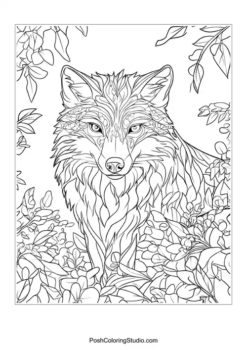 A wolf walking through a forest, surrounded by plants.