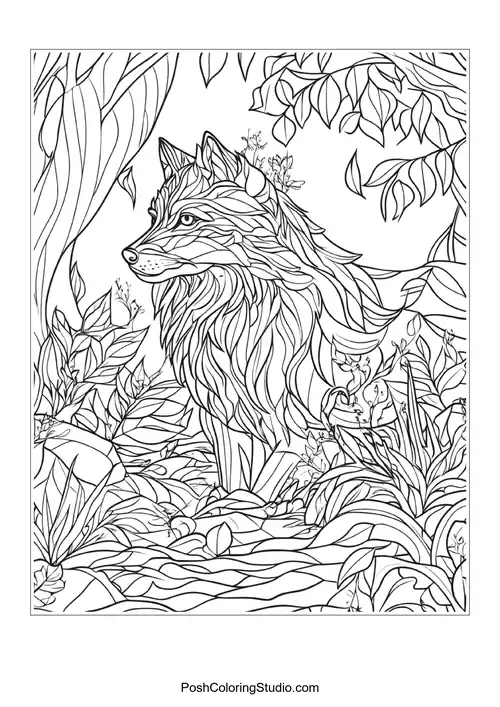 A wolf standing in a lush environment with flowing lines.