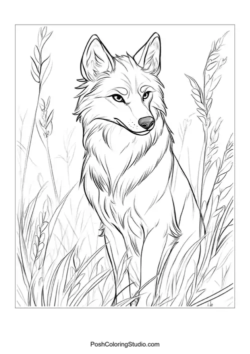 A wolf with a gentle gaze, surrounded by flowers.