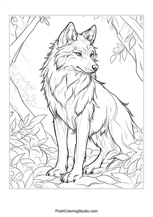 A wolf resting in a field of flowers.