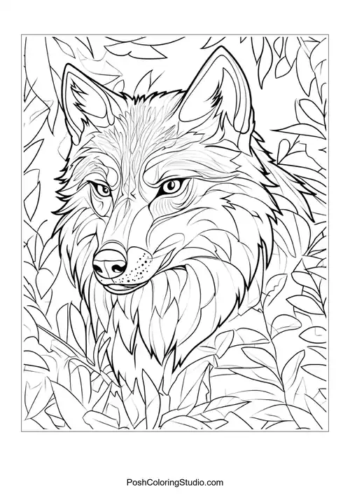 A wolf with a thoughtful expression, surrounded by foliage.