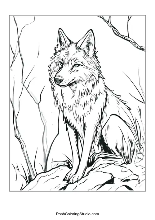 A wolf with a fierce look, surrounded by swirling patterns.