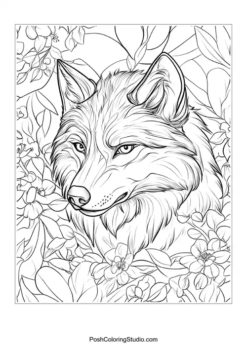 A wolf standing in a forest, looking alert.