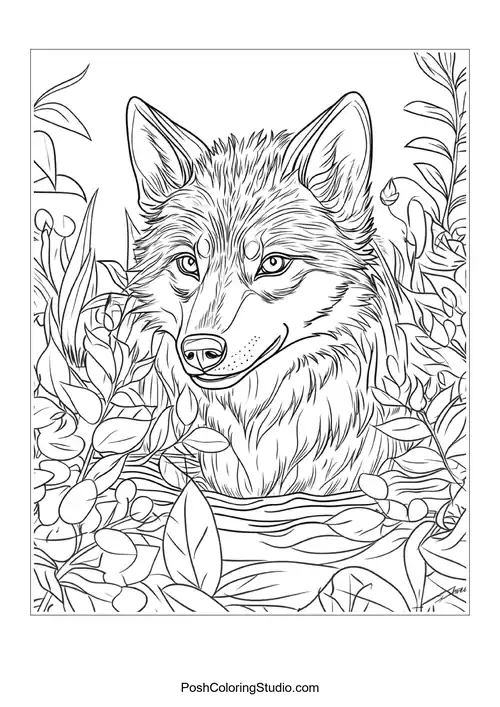 A wolf's head with intricate floral patterns around it.