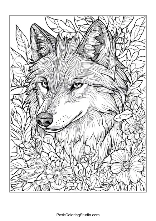 A wolf with a thoughtful expression, surrounded by foliage.