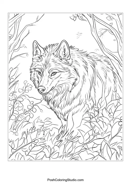 A wolf peeking through bushes with detailed fur texture.
