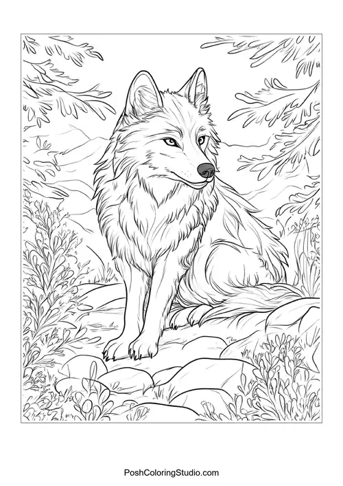 A wolf sitting on a rock surrounded by lush greenery.