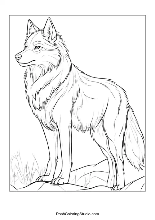 A wolf gazing thoughtfully, surrounded by wildflowers.