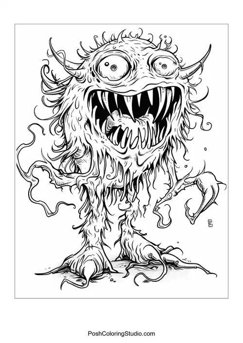 A monster with a toothy grin and spiky hair stands cheerfully.