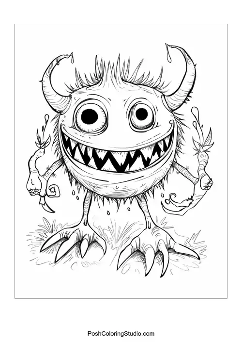 A monster with a round body holds a small creature in one hand.