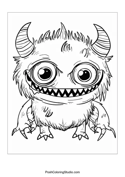A monster with a toothy grin and spiky hair stands cheerfully.
