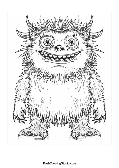 A monster with a round body and a wide grin stands proudly.