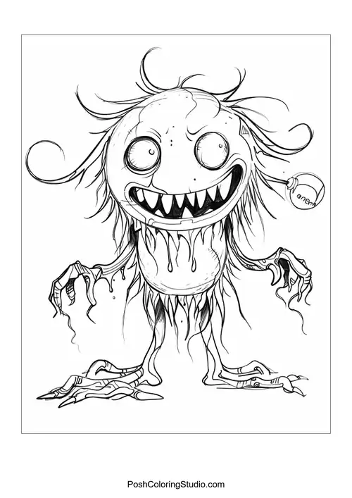 A fluffy monster with a wide smile and sharp teeth poses playfully.