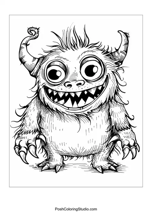 A monster with spiky hair and a toothy grin stands confidently.