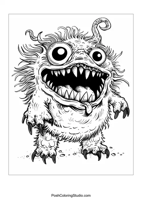 A fluffy monster with a big smile and sharp teeth poses adorably.
