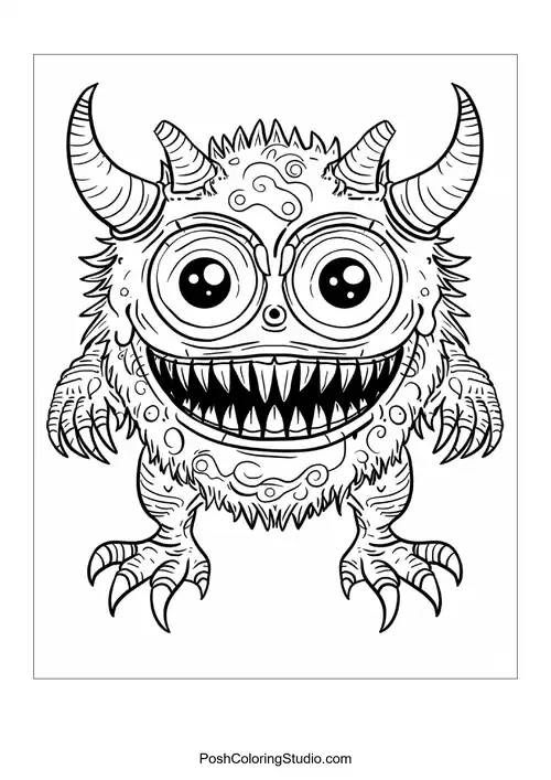 A hairy monster with multiple horns and a wide smile stands proudly.