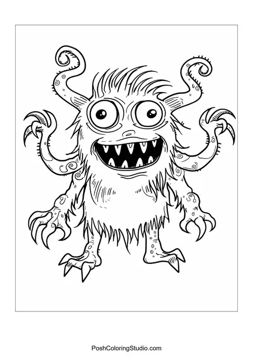 A monster with a round body and a wide grin stands proudly.