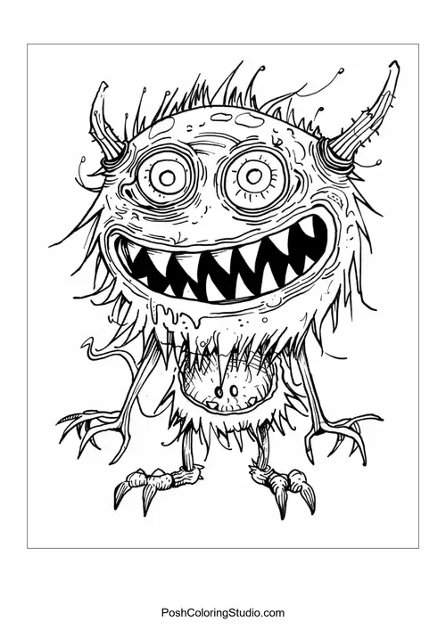 A fluffy monster with a wide smile and sharp teeth poses playfully.
