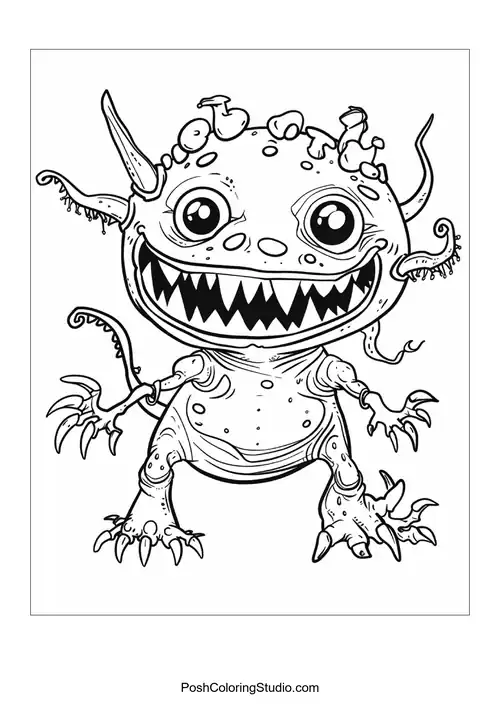 A monster with a round body and a small creature on its belly smiles.
