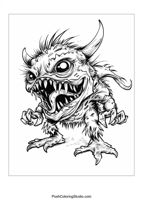 A small, furry monster with big eyes and a toothy smile stands cutely.