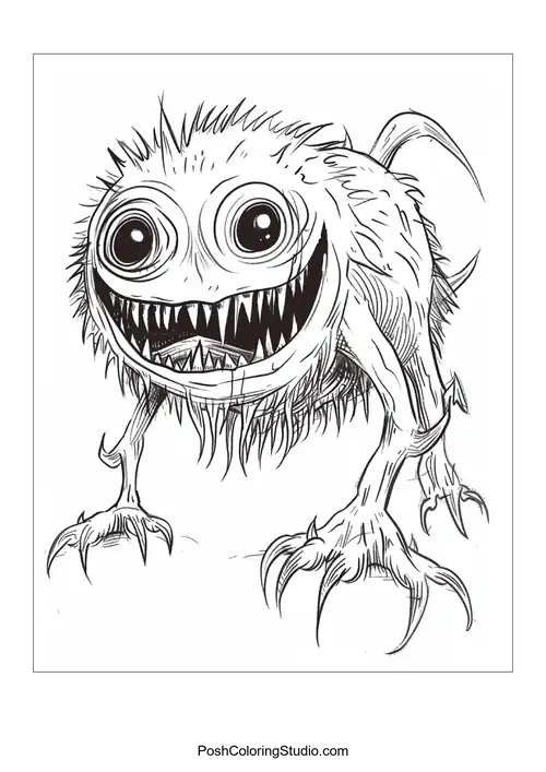A monster with a fluffy body and large eyes grins widely.