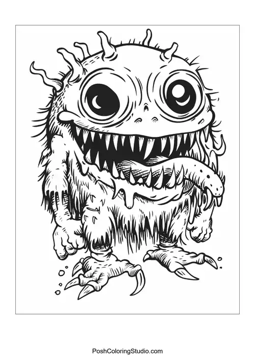 A fluffy monster with a big smile and sharp teeth poses adorably.