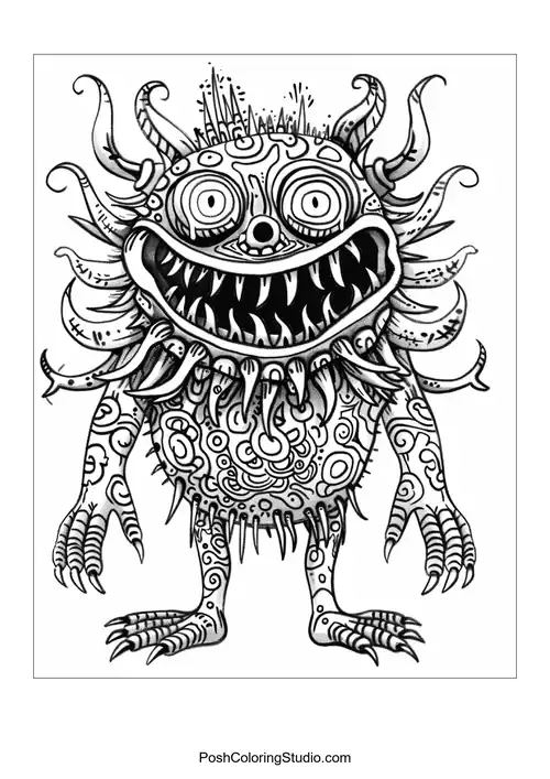A monster with a toothy grin and spiky hair stands cheerfully.